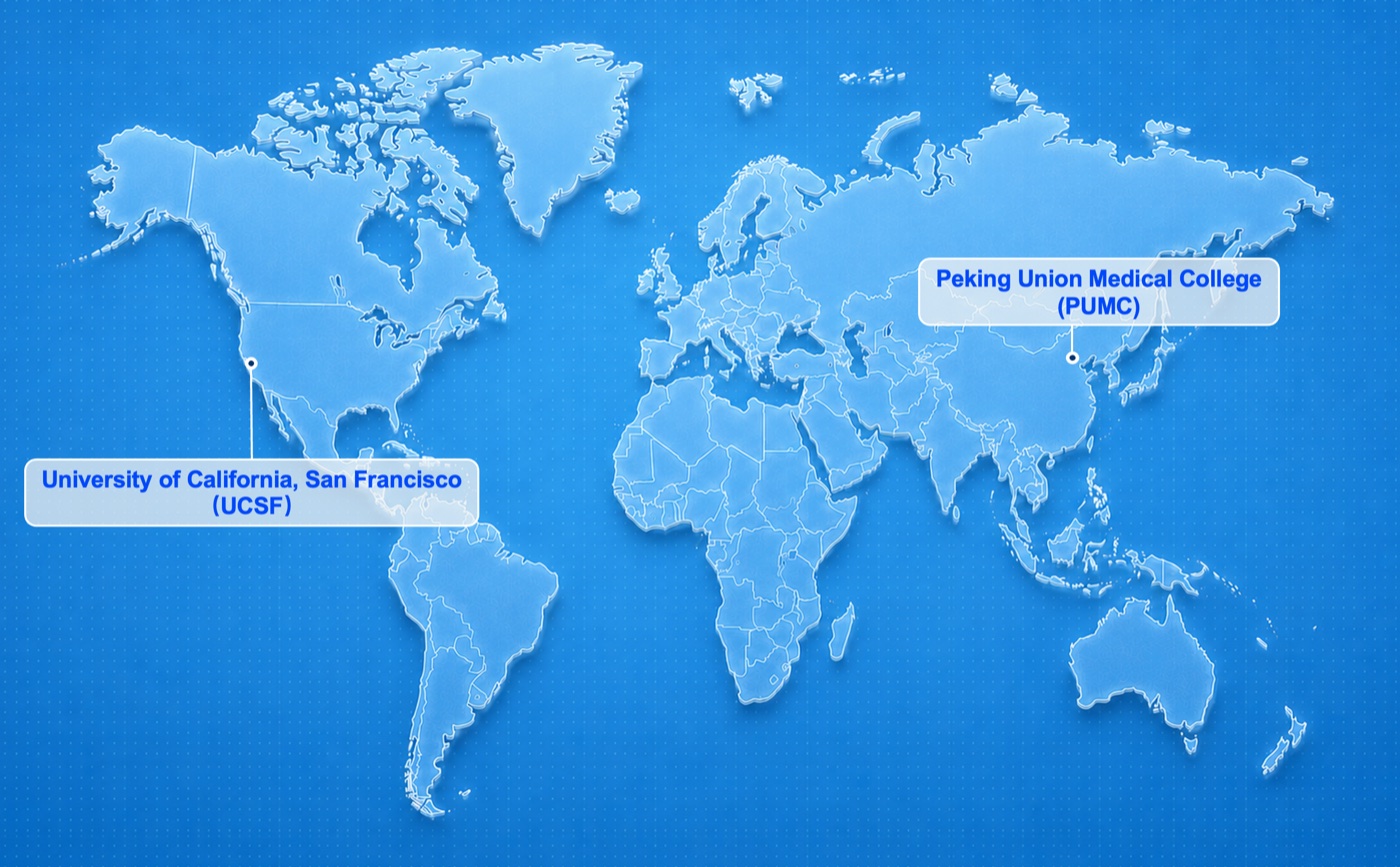 World map showing BRIDGE coordination at Peking Union Medical College and the University of California, San Francisco